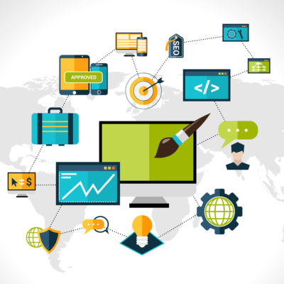 Web development composition with website optimization elements and world map vector illustration